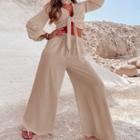 Set: Puff-sleeve Crop Top + Wide Leg Pants