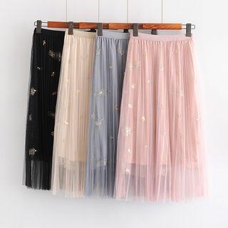 Patterned Mesh Overlay Midi Skirt