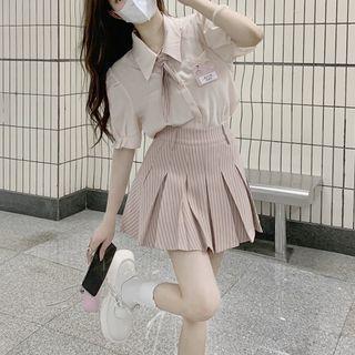 Short-sleeve Shirt / Tie / Striped Pleated Mini A-line Skirt / Set