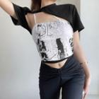 Set: Short-sleeve Crop Top + Print Cropped Camisole Top
