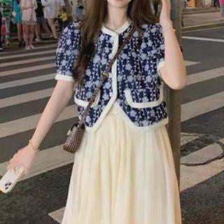 Puff-sleeve Jacket / Midi A-line Skirt