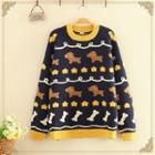 Round-neck Dog Printed Long-sleeve Knitted Top As Shown In Figure - One Size