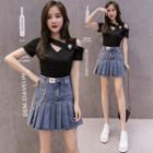 Denim Mini Pleated Skirt / Short-sleeve Cold-shoulder T-shirt / Set