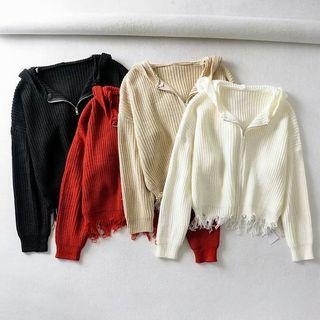Ripped Zip Knit Hoodie