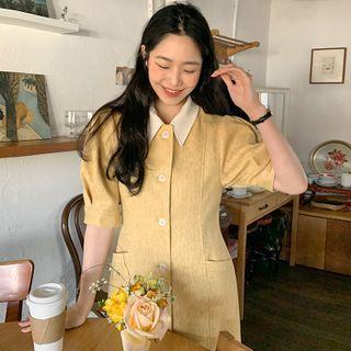 Puff-sleeve Single Breasted Dress Yellow - One Size
