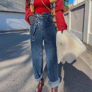 Asymmetric Button-fly Jeans With Sash