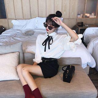 Bell-sleeve Lace-up Shirt+ A-line Skirt