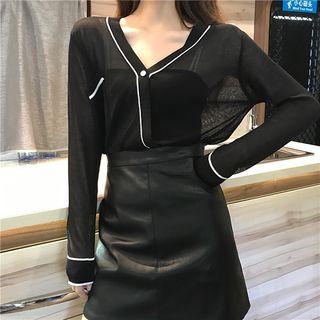 Color-block Long-sleeve Knit Top / Faux-leather Skirt