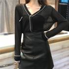 Color-block Long-sleeve Knit Top / Faux-leather Skirt