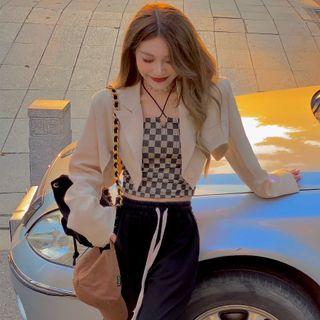 Cropped Blazer / Halter Checkerboard Camisole Top / Loose Fit Pants