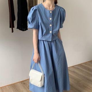 Set: Short-sleeve Button-up Blouse + Midi Skirt