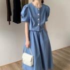 Set: Short-sleeve Button-up Blouse + Midi Skirt
