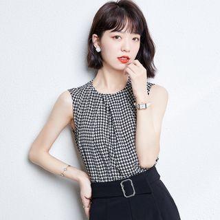 Sleeveless Houndstooth Print Chiffon Blouse