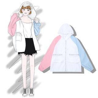 Color Block Hooded Zip Jacket Sleeves - Pink & Blue - One Size