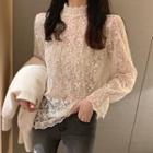 Long-sleeve Mock Neck Lace Ruffled Top Almond - One Size