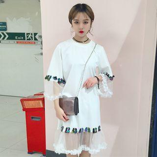 Sheer Panel 3/4-sleeve T-shirt Dress