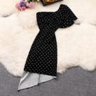 Short-sleeve One-shoulder Dotted Mini Sheath Dress