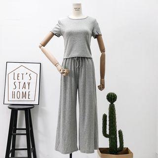 Set: Plain Crop T-shirt + Drawcord Wide-leg Pants