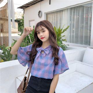Bow Accent Plaid Short-sleeve Blouse