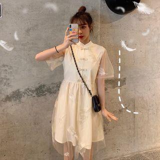Short-sleeve Mandarin Collar Midi A-line Mesh Dress Beige - One Size