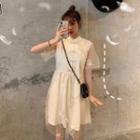Short-sleeve Mandarin Collar Midi A-line Mesh Dress Beige - One Size