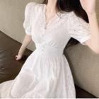 V-neck Puff-sleeve Midi A-line Eyelet Dress
