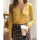 V-neck Rib-knit Cardigan Yellow - One Size