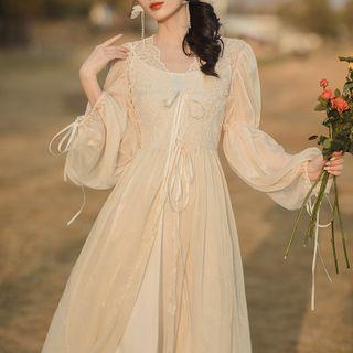 Set: Puff-sleeve Floral Embroidered Midi A-line Dress + Slipdress