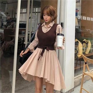 Set: Sleeveless Knit Top + Flare Dip-back Shirtdress Brown - One Size