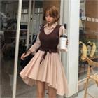 Set: Sleeveless Knit Top + Flare Dip-back Shirtdress Brown - One Size