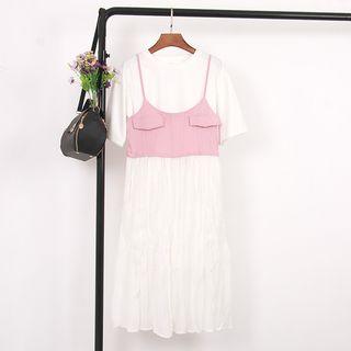 Set: Crew-neck Short-sleeve T-shirt + Two-tone Spaghetti Strap Dress