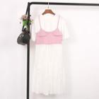 Set: Crew-neck Short-sleeve T-shirt + Two-tone Spaghetti Strap Dress