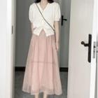 Strapless Midi A-line Mesh Dress / Short-sleeve Knit Top / Set