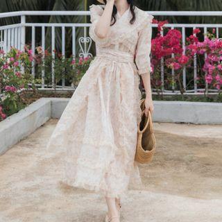 Elbow-sleeve Flower Print Ruffle Midi A-line Dress