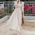 Elbow-sleeve Flower Print Ruffle Midi A-line Dress