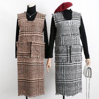 Plaid Pinafore Midi Dress / Long-sleeve Turtleneck T-shirt / Set