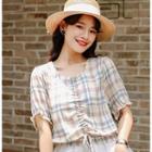 Short-sleeve Drawstring Plaid Chiffon Top As Shown In Figure - One Size