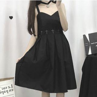 Sleeveless Cross Embroidery Dress / Long-sleeve Mesh Top