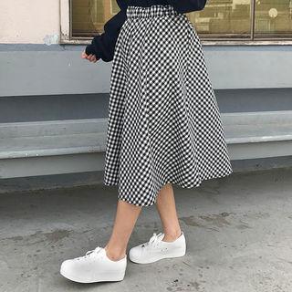 Band-waist A-line Gingham Midi Skirt