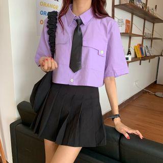 Short-sleeve Contrast Tie Cropped Shirt