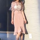 Floral Print Short-sleeve Chiffon Top / Suspender Skirt