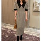 Short-sleeve Houndstooth Midi A-line Dress