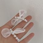 Faux Pearl Mesh Bow Earring 1 Pair - Silver Needle Earrings - Bow - White - One Size