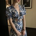 Short-sleeve Flower Print Cut-out Mini A-line Dress