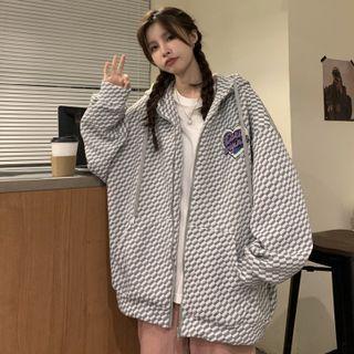 Heart Patch Checkered Hooded Zip Jacket