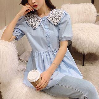 Puff-sleeve Leopard Print Collar Blouse