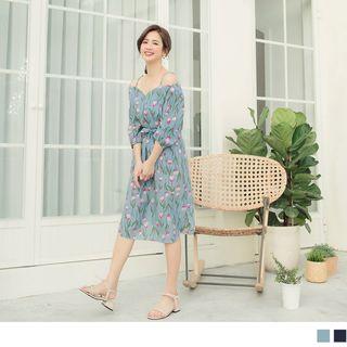Off-shoulder Tulip Print Tie-waist Dress