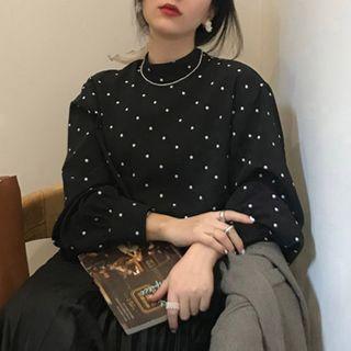 Dotted Semi High-neck Puff-sleeve Shirt Dotted - Black & White - One Size