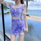 Set: Tie-dye Print Lace-up Cropped Tank Top + Mini Pencil Skirt