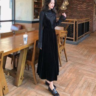 Long-sleeve Mock-neck Top / Spaghetti Strap Midi A-line Dress